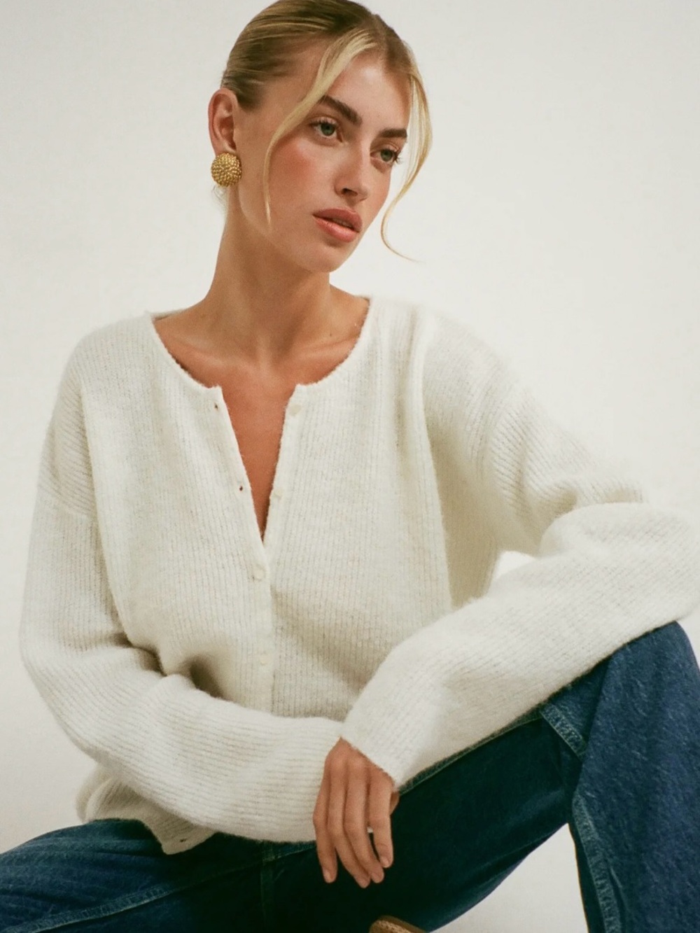 Rumored Cream Button-Front Knit Cardigan